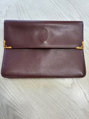 Cartier Burgundy Leather Fold-Over Clutch with Gold Accents